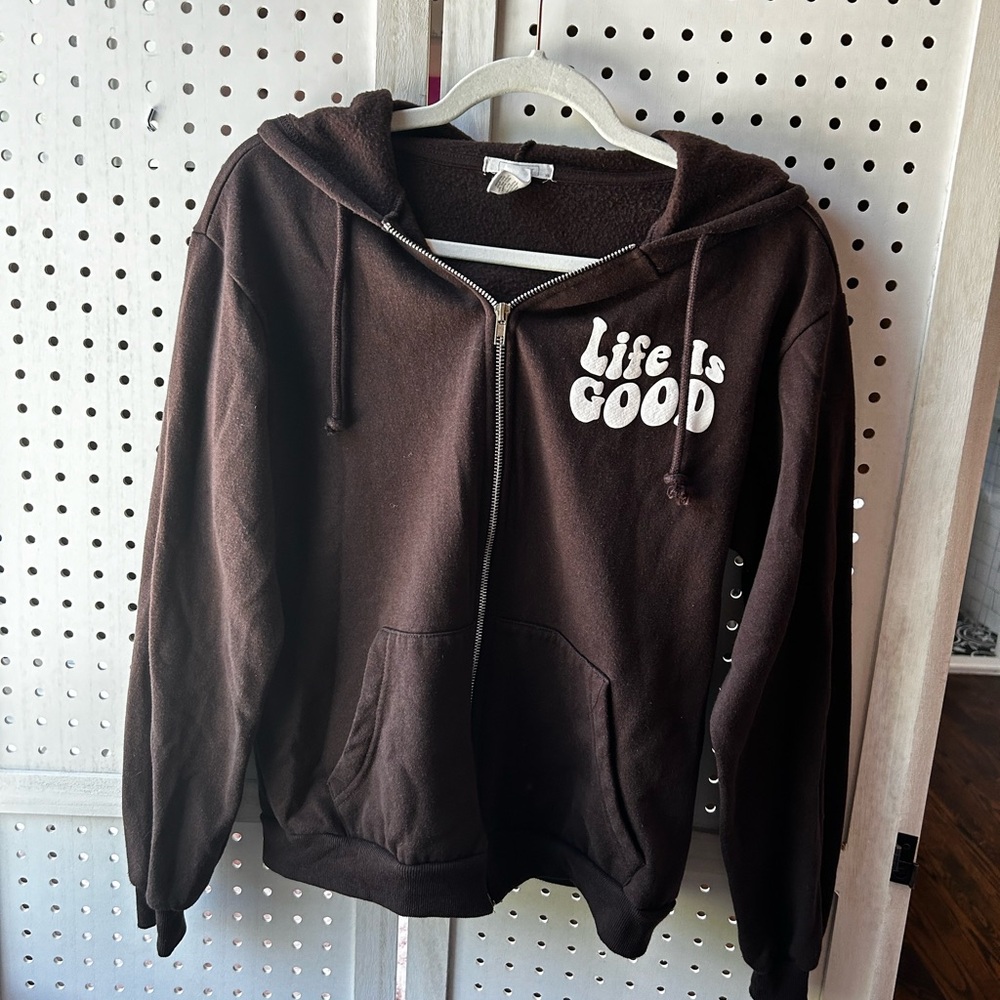 Full Tilt “Life Is Good” Zip Hoodie – Retro Brown Fleece Lined